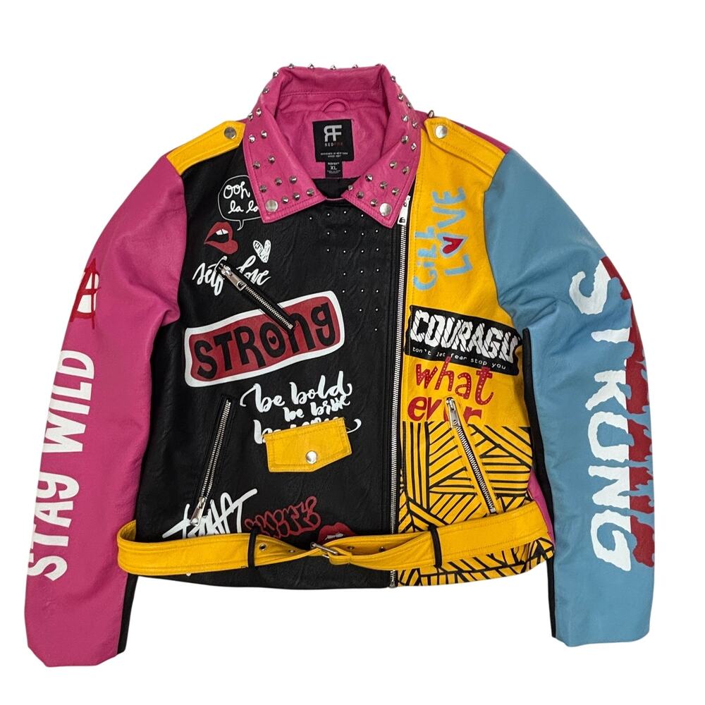 Red Fox Graffiti Moto Jacket Womens XL Pink Colorful Studded Faux Leather Biker